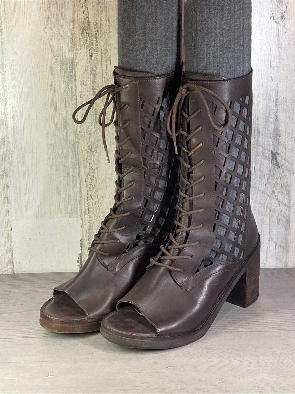 Brown Lace-Up Peep Toe Cutout Boots - Women